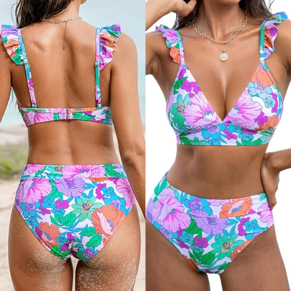 NWT Women Bikini Sets 2 Piece Swimsuit High Waisted Bottom Floral Print SIZE‎ M